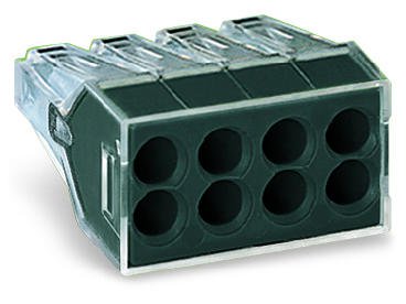 773-108 Соединитель PUSH WIRE для распределительных коробок; для одно- и многожильных проводников; макс. 2,5 мм2; 8-проводн.; прозрачный корпус; темно-серая крышка; макс. рабочая темп. окр. среды 60 °C