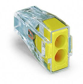 773-102 Соединитель PUSH WIRE для распределительных коробок; для одно- и многожильных проводников; макс. 2,5 мм2; 2-проводн.; прозрачный корпус; желтая крышка; макс. рабочая темп. окр. среды 60 °C